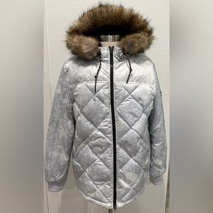Eddie Bauer Metallic Gray Puffer with Faux Fur Hood